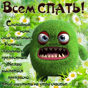 Картинка &#171;Всем спать!&#187; с зелёным чудиком