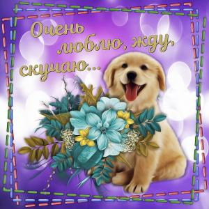 Открытка с собачкой и букетом цветов