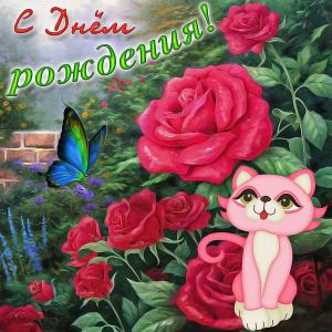 Картинка с кошечкой на фоне красных роз