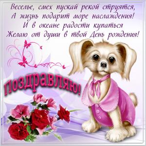 Картинка на День рождения с розами и пёсиком