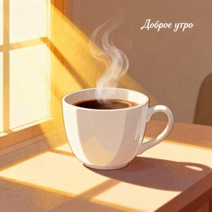 Открытка с пожеланием доброго утра, чашка кофе, лучи солнца, минимум текста